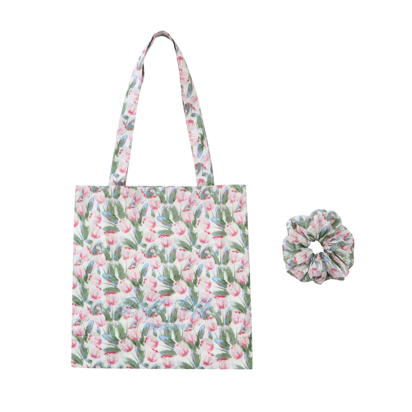 Bolso de algodón 100% con estampado de Tulipán Rosa y Coletero a juego