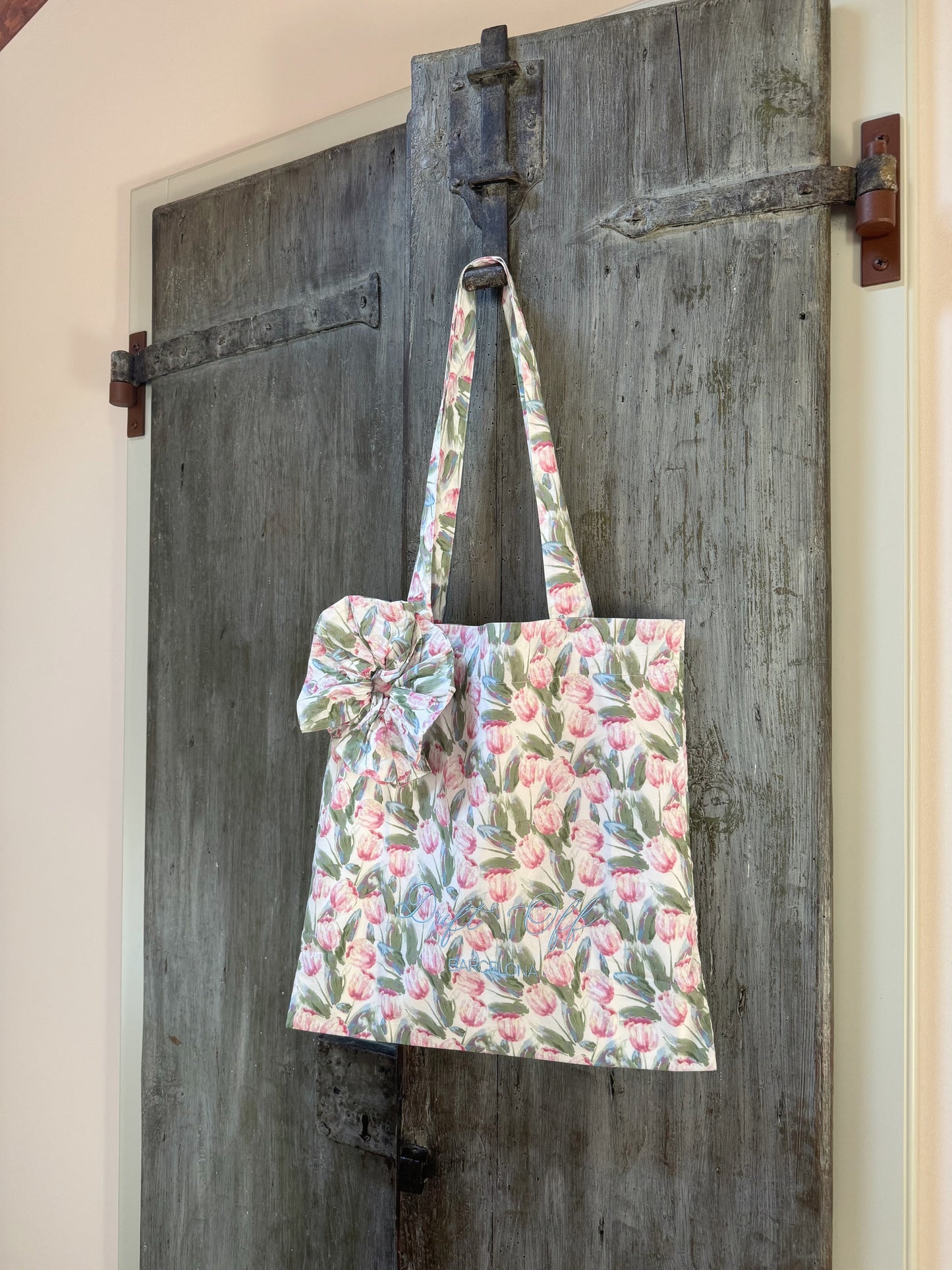 Bolso de algodón 100% con estampado de Tulipán Rosa y Coletero a juego