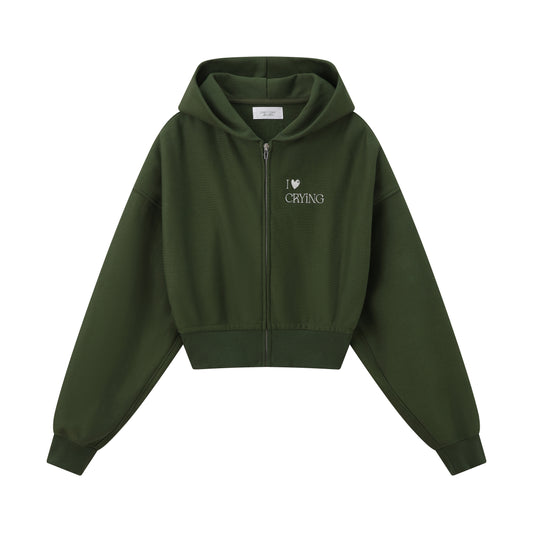 Sudadera Corta con Capucha y diseño "CryBaby" en color Verde oscuro