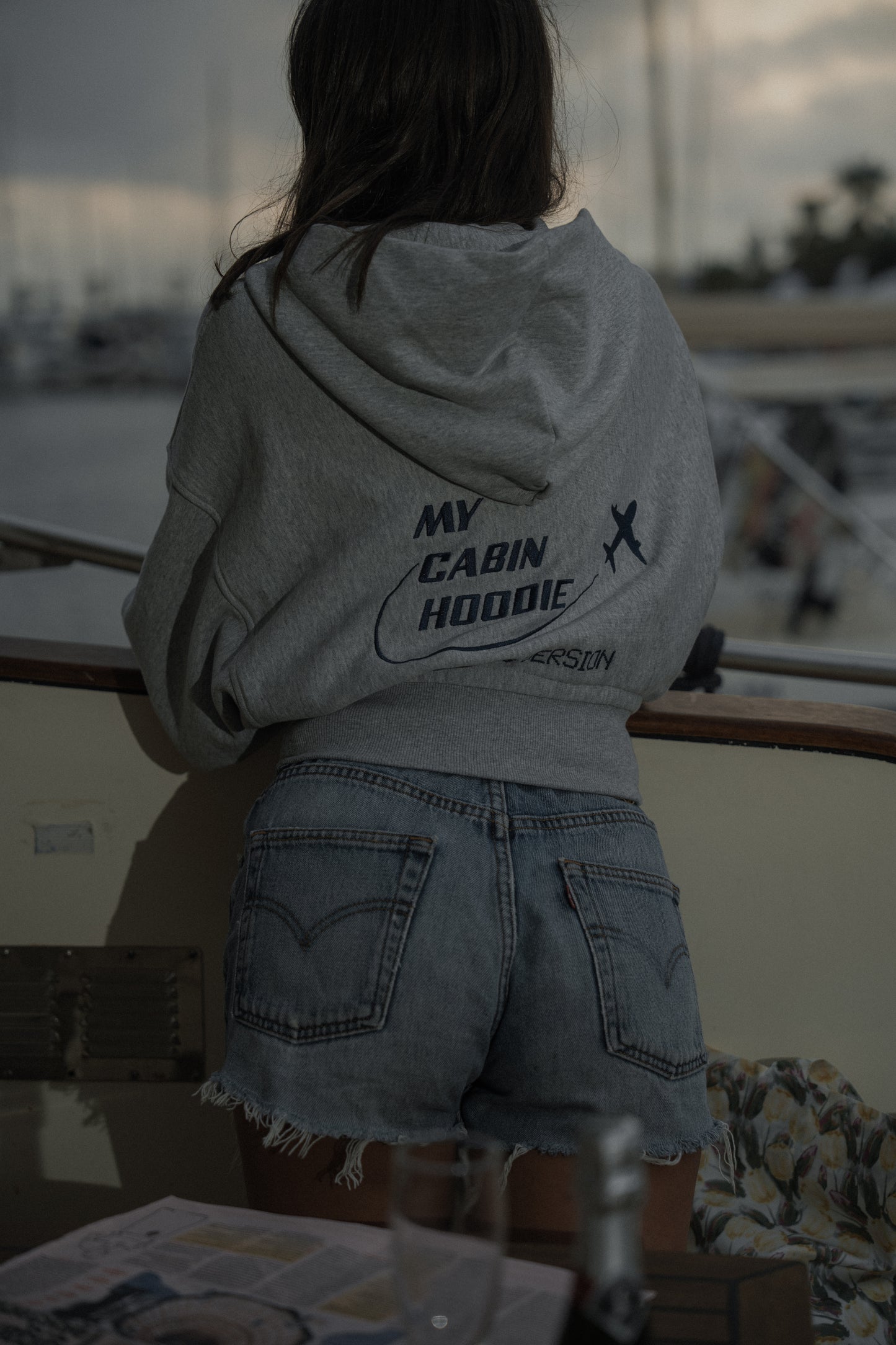 Sudadera Corta con Capucha y diseño "Cabin" en color Gris claro