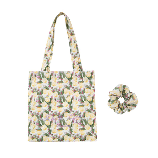 Bolso de algodón 100% con estampado de Tulipán Amarillo y Coletero a Juego