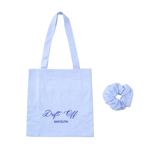 Bolso de algodón 100% con estampado de Rayas Azules y coletero a juego