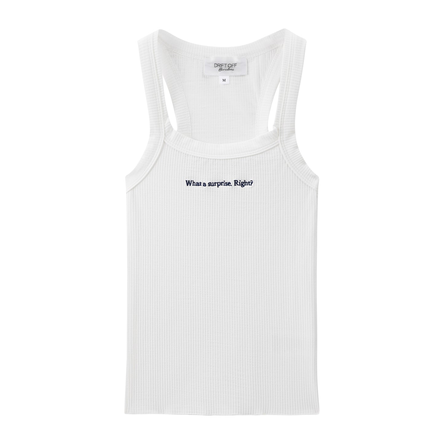 Top Blanco de algodón 100% con frase en inglés: "What a surprise. Right?"